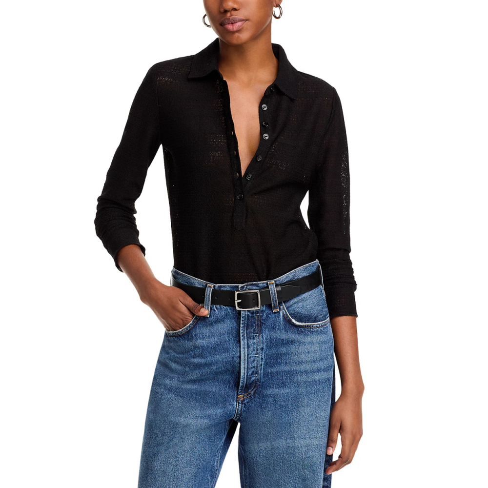 NWT rag & bone Julia Polo Black Mesh Women's Pointelle-Knit Top $228 - Size M